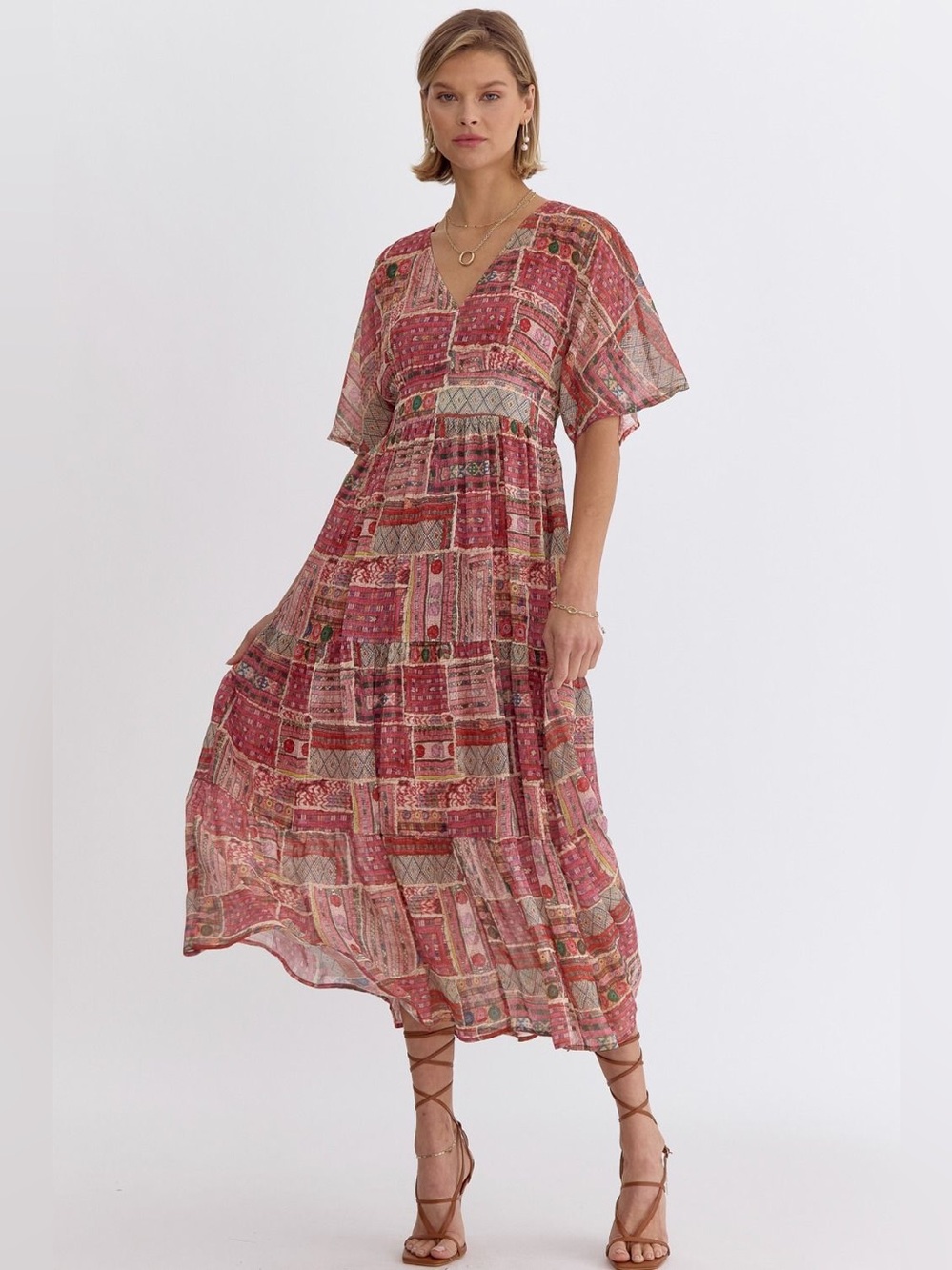 entro Printed half sleeve v-neck midi dress
